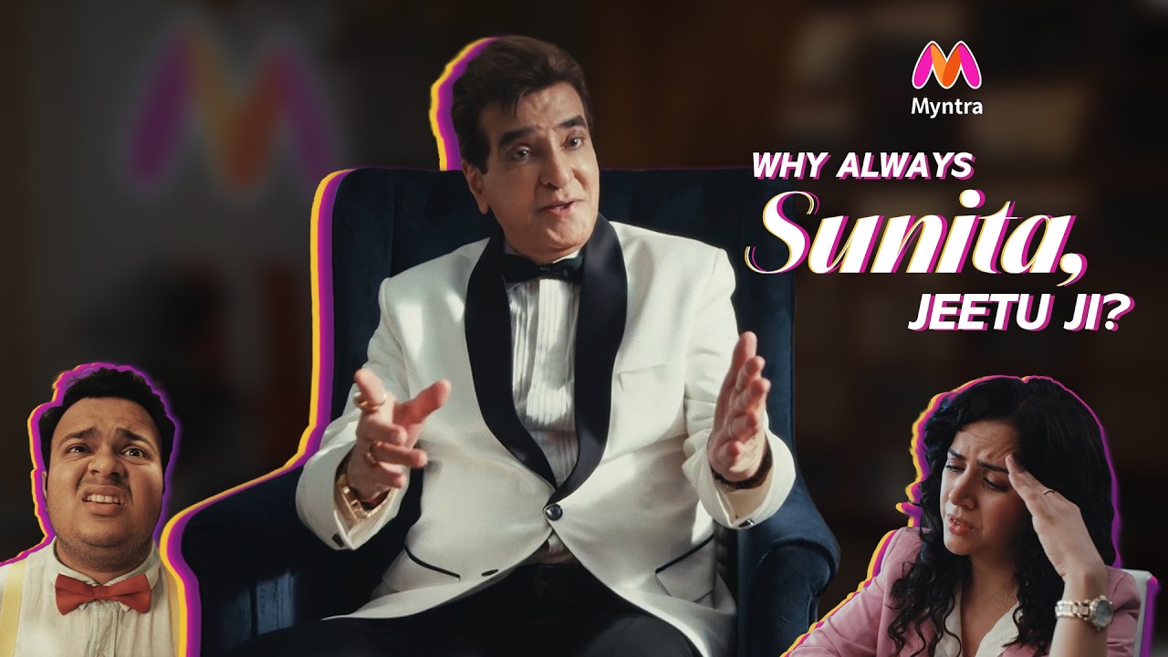 How Myntra Used “Sunita” to Make Sales Go Viral – a humorous Myntra ad scene featuring a man in a white tuxedo explaining something while two confused characters react on the sides.