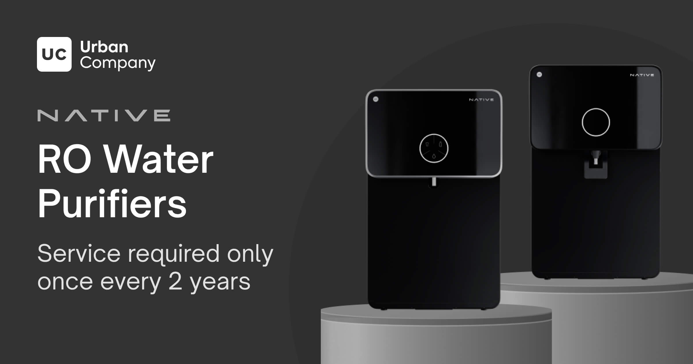 Urban Company Native RO water purifier with sleek black design highlighting low-maintenance service every 2 years – The Ad That Made Water Feel Personal Again