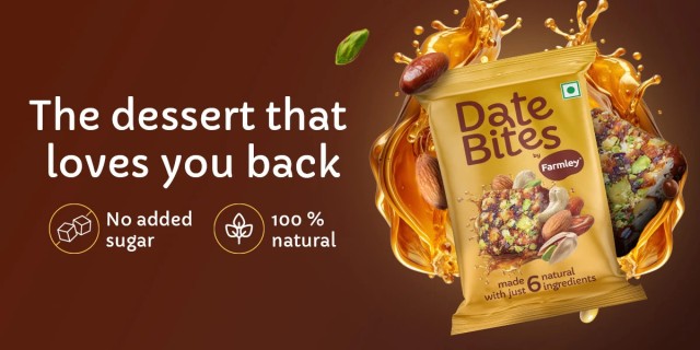 Date Bites by Farmley product ad featuring natural ingredients, honey splash, and messaging highlighting what marketers can learn from this unexpected ad twist