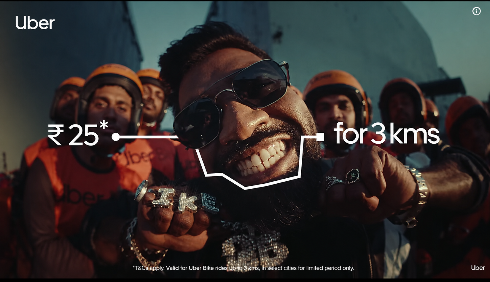 Uber Bike promotional campaign featuring a stylish rider with delivery partners in the background, highlighting the creative strategy that made Uber Bike stand out online with a ₹25 ride offer for 3 kms.