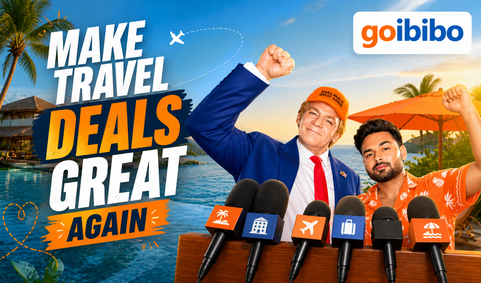 Breaking Down Goibibo’s Viral Ad: Humor, Hype & Smart Strategy featuring a press conference parody with two men raising fists, set against a tropical beach backdrop with bold travel deals messaging