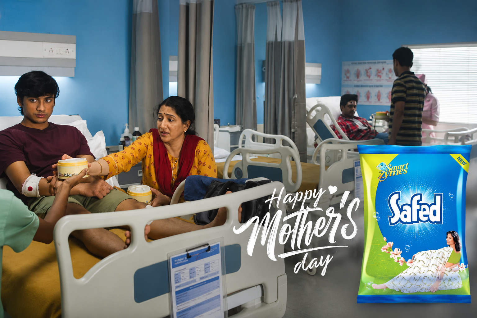 Hospital scene showing a mother caring for her injured son while sharing food, highlighting emotional storytelling in advertising and proving that kindness is the ultimate brand strategy.