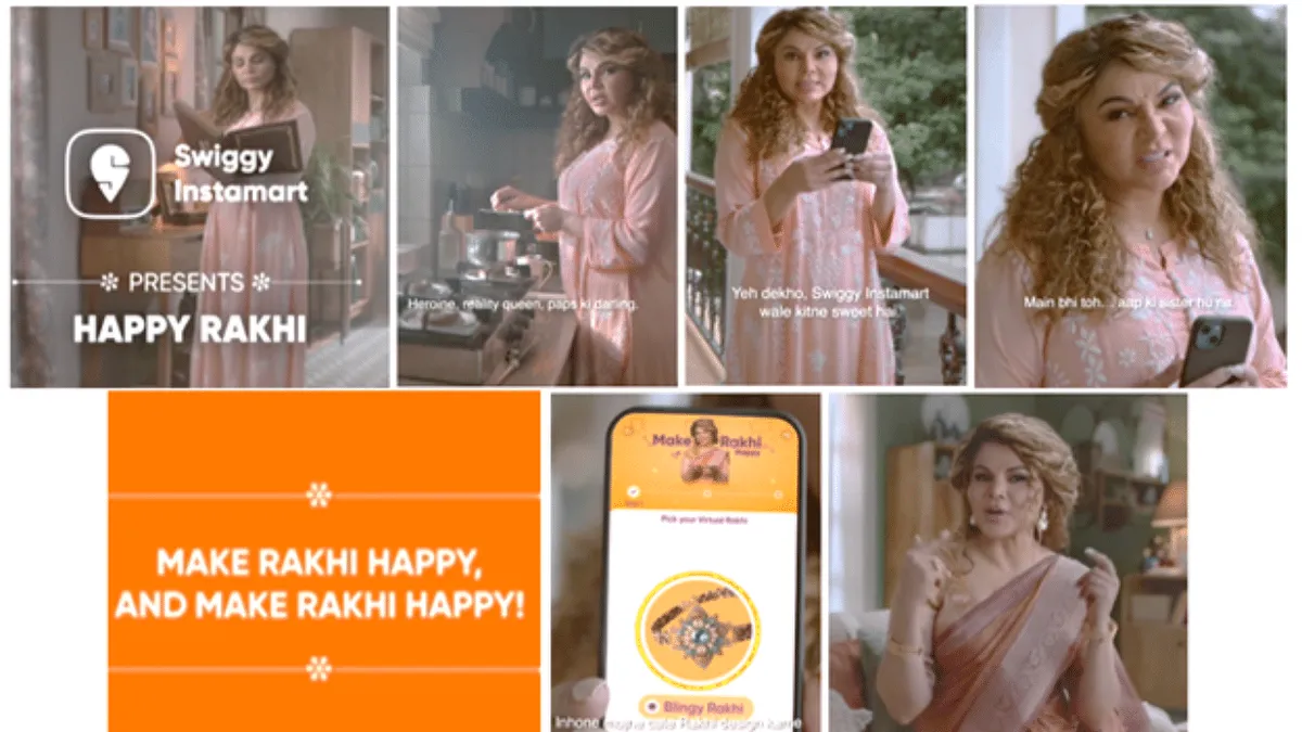 A storyboard collage of Swiggy Instamart's Raksha Bandhan campaign featuring multiple scenes of a woman at home, an in-app Rakhi selection screen, and the campaign tagline, "Make Rakhi Happy, and Make Rakhi Happy!", highlighting emotional storytelling and quick commerce convenience.