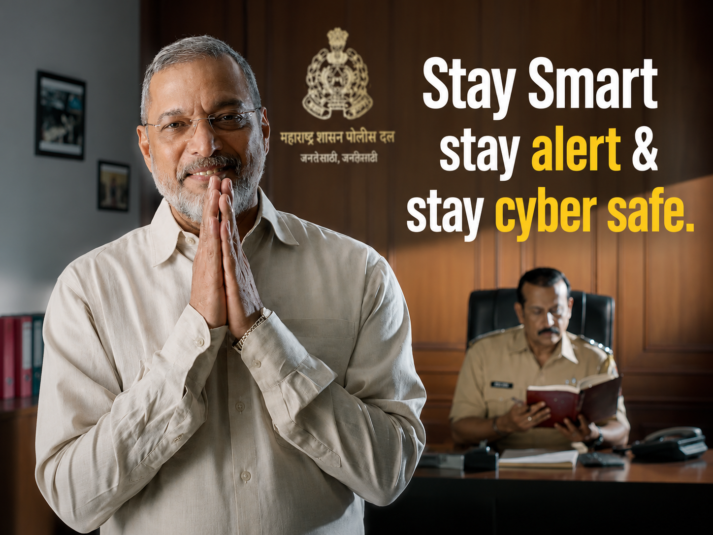 A public awareness poster showing an older man greeting with folded hands in a government office, while a police officer works in the background. The poster displays the message: "Stay Smart, stay alert & stay cyber safe."