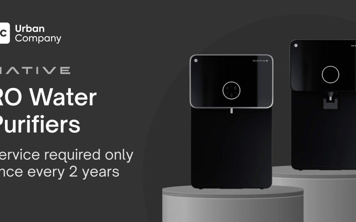 Urban Company Native RO water purifier with sleek black design highlighting low-maintenance service every 2 years – The Ad That Made Water Feel Personal Again