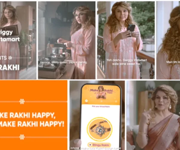 A storyboard collage of Swiggy Instamart's Raksha Bandhan campaign featuring multiple scenes of a woman at home, an in-app Rakhi selection screen, and the campaign tagline, "Make Rakhi Happy, and Make Rakhi Happy!", highlighting emotional storytelling and quick commerce convenience.