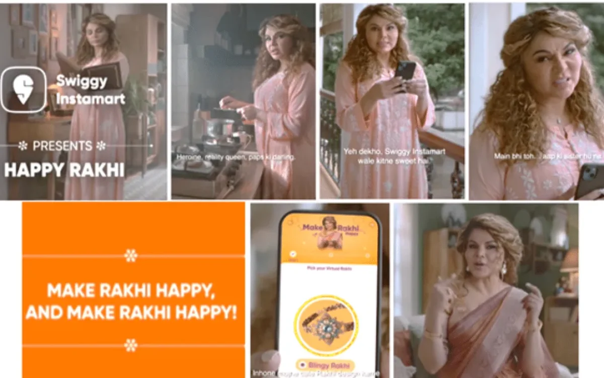 A storyboard collage of Swiggy Instamart's Raksha Bandhan campaign featuring multiple scenes of a woman at home, an in-app Rakhi selection screen, and the campaign tagline, "Make Rakhi Happy, and Make Rakhi Happy!", highlighting emotional storytelling and quick commerce convenience.