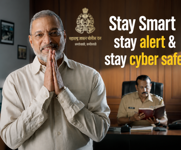A public awareness poster showing an older man greeting with folded hands in a government office, while a police officer works in the background. The poster displays the message: "Stay Smart, stay alert & stay cyber safe."