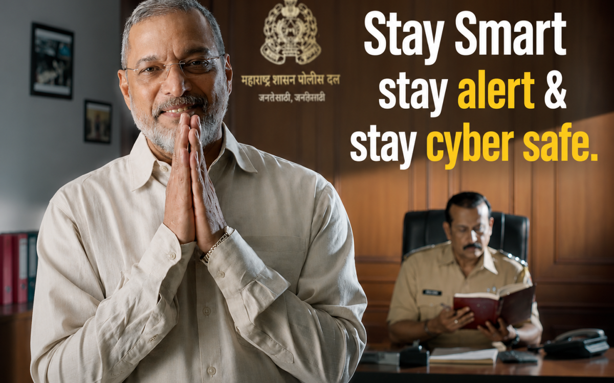 A public awareness poster showing an older man greeting with folded hands in a government office, while a police officer works in the background. The poster displays the message: "Stay Smart, stay alert & stay cyber safe."