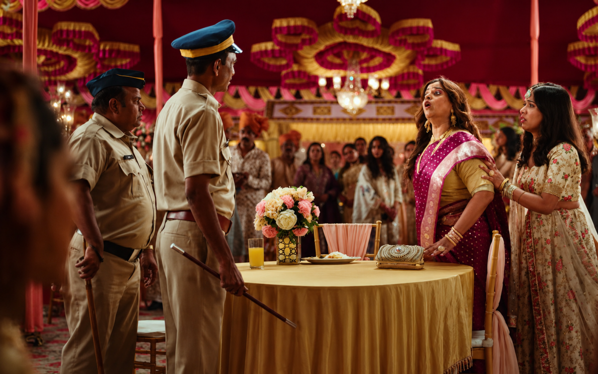 A dramatic wedding scene from Center Fruit’s advertisement shows two police officers confronting guests as a shocked woman reacts in front of a decorated banquet table, showcasing The Storytelling Strategy That Made Center Fruit’s Ad Unforgettable through suspense and humor.
