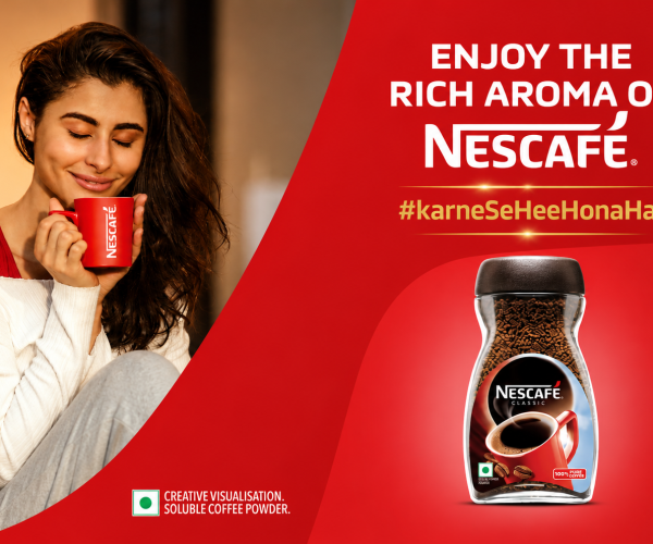 Woman enjoying a cup of Nescafé coffee beside a Nescafé Classic jar with a motivational branding message, representing the idea behind “Why Your Big Dream Is Actually Holding You Back Right Now” through calm reflection and mindful daily habits.