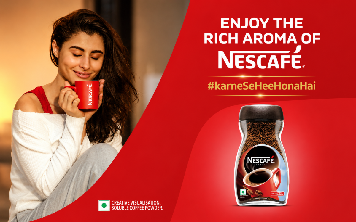 Woman enjoying a cup of Nescafé coffee beside a Nescafé Classic jar with a motivational branding message, representing the idea behind “Why Your Big Dream Is Actually Holding You Back Right Now” through calm reflection and mindful daily habits.
