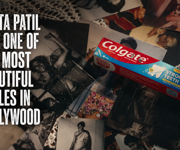 A nostalgic tribute image featuring vintage photographs of Smita Patil alongside a Colgate toothpaste pack, with bold text reading “Smita Patil Had One of the Most Beautiful Smiles in Bollywood,” highlighting how Colgate paid a beautiful tribute to Smita Patil through one emotional ad.