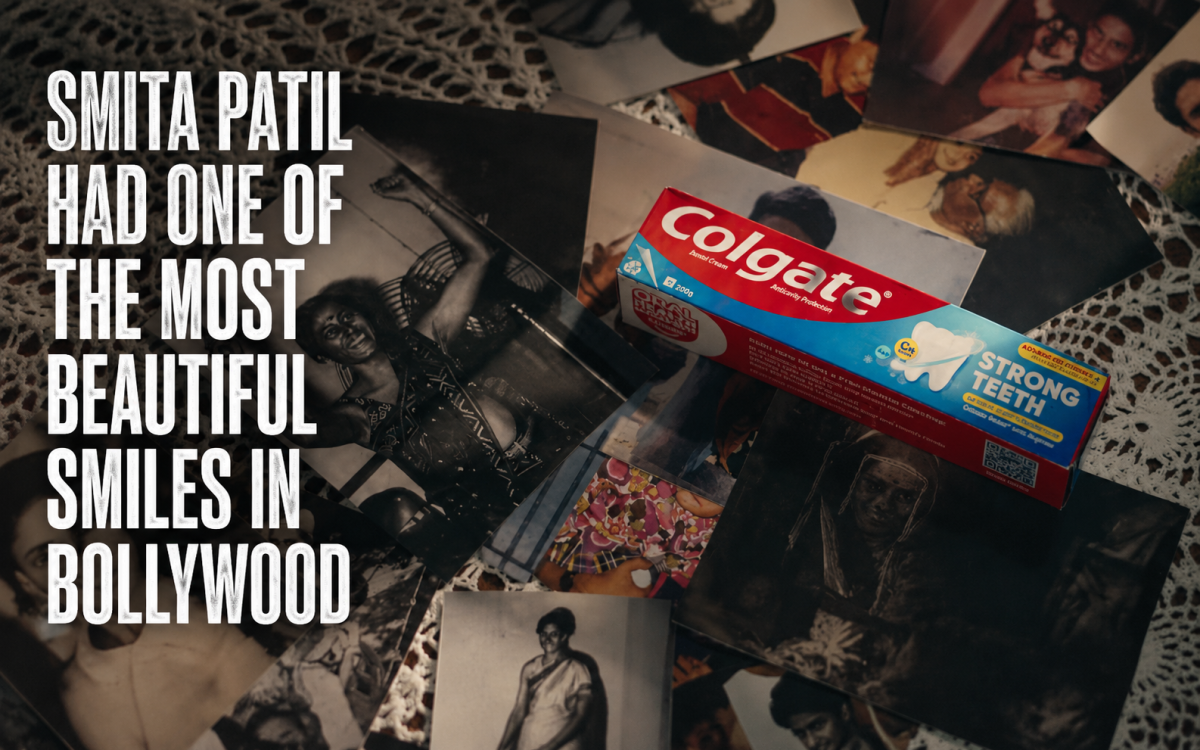 A nostalgic tribute image featuring vintage photographs of Smita Patil alongside a Colgate toothpaste pack, with bold text reading “Smita Patil Had One of the Most Beautiful Smiles in Bollywood,” highlighting how Colgate paid a beautiful tribute to Smita Patil through one emotional ad.