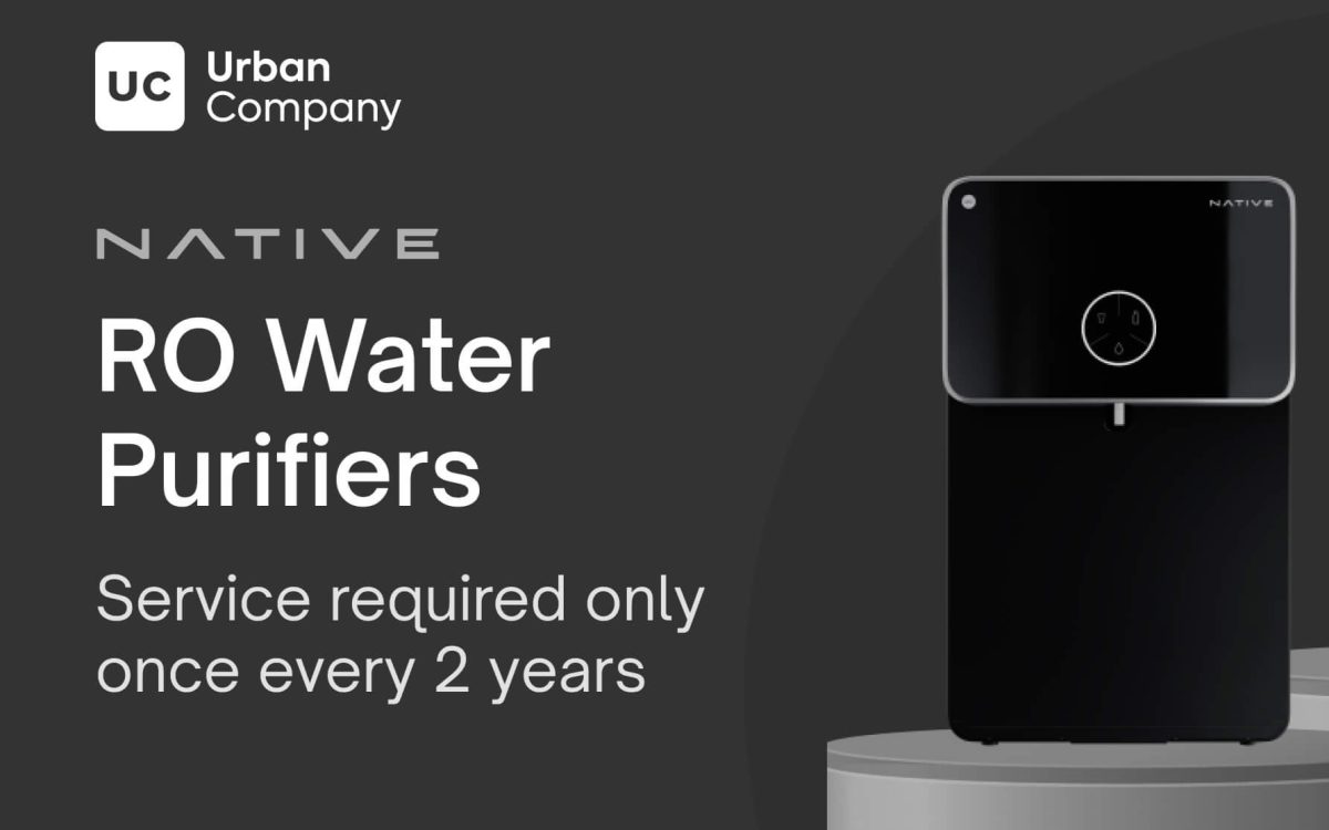 Urban Company Native RO water purifier with sleek black design highlighting low-maintenance service every 2 years – The Ad That Made Water Feel Personal Again