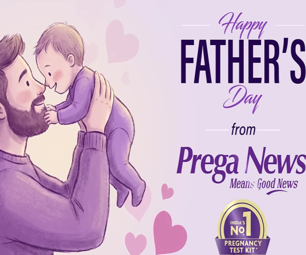 Happy Father's Day promotional illustration from Prega News featuring a father lovingly lifting and smiling at his baby, set against a soft pastel background with heart graphics and Father's Day greetings.