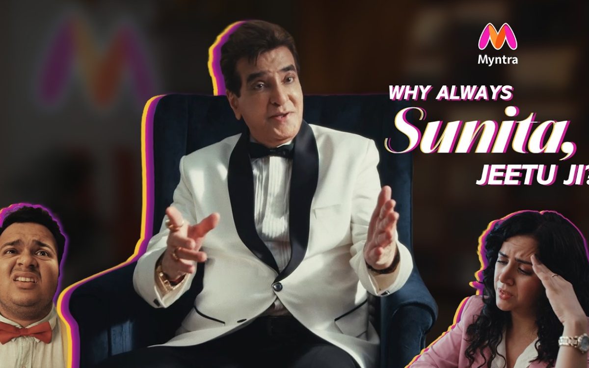 How Myntra Used “Sunita” to Make Sales Go Viral – a humorous Myntra ad scene featuring a man in a white tuxedo explaining something while two confused characters react on the sides.